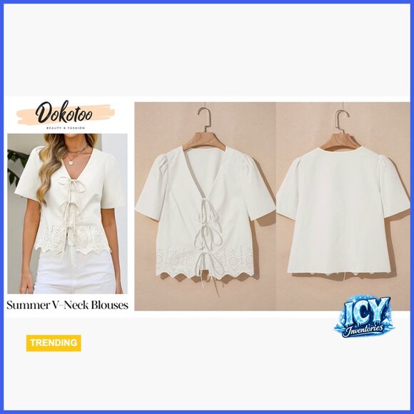 Cotton Lyocell Tie Front Crop Top with Eyelet Embroidery and Puff Sleeves - Picture 7 of 7